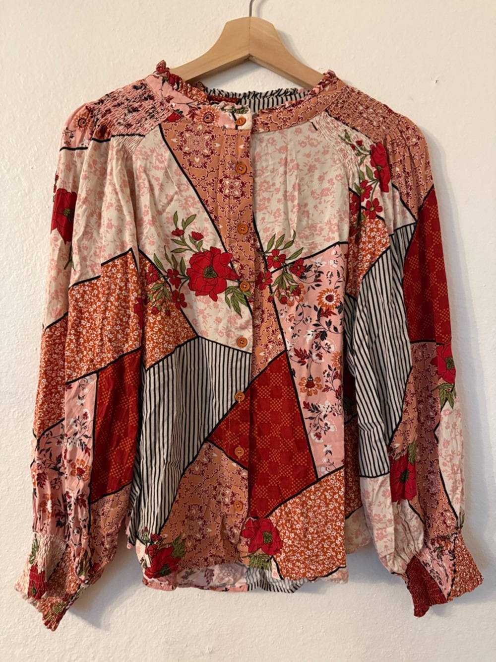 FATE Patchwork Button-Up Long Sleeve Blouse in Pink, Burnt Orange, Black Sz M